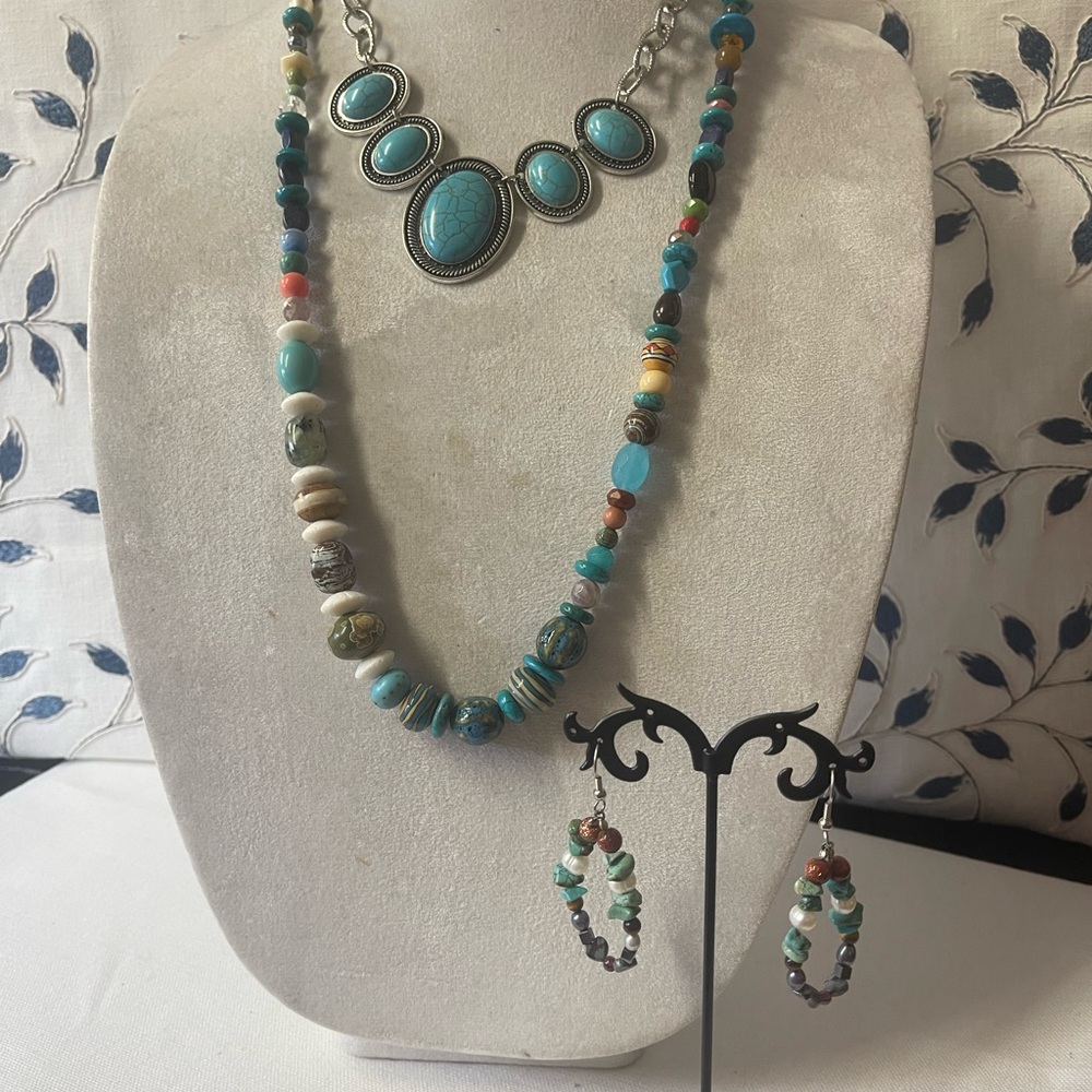 Turquoise and Silver Beaded Necklace and Earring Set